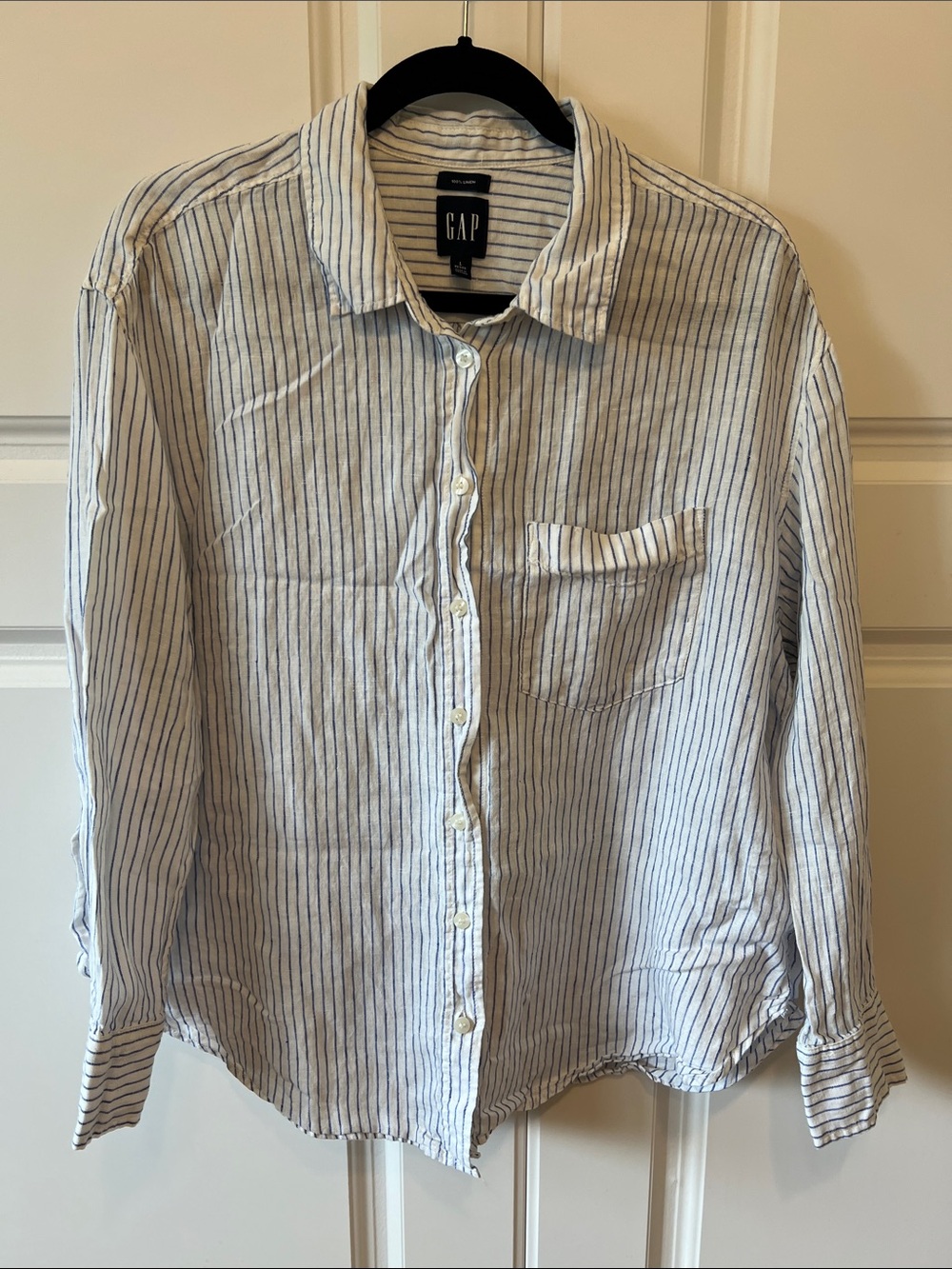 Gap 100% Linen Oversized Button Down, Blue & White Stripe, L Petite